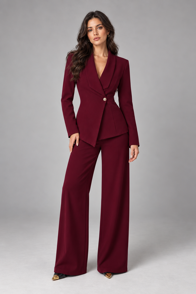 Suit – Women's Business Suit with Wide-Leg Trousers — Dark red