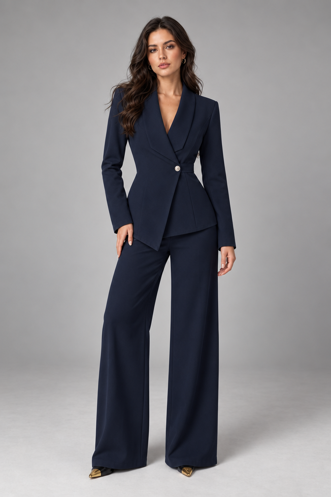 Suit – Women's Business Suit with Wide-Leg Trousers — Navy