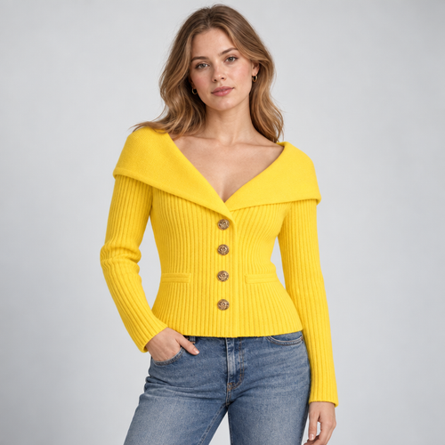 Cardigan – Ribbed Knit Cardigan Sweater with Wide Collar — Yellow