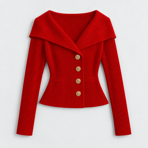 Cardigan – Ribbed Knit Cardigan Sweater with Wide Collar — Red