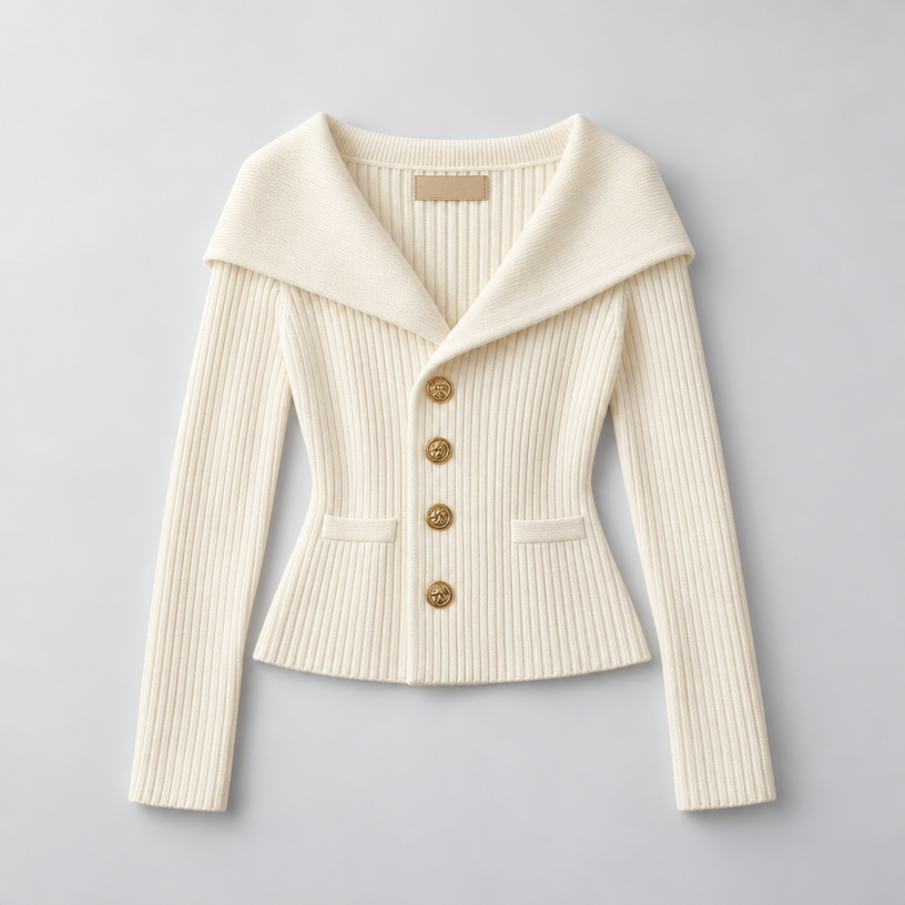 Cardigan – Ribbed Knit Cardigan Sweater with Wide Collar — White