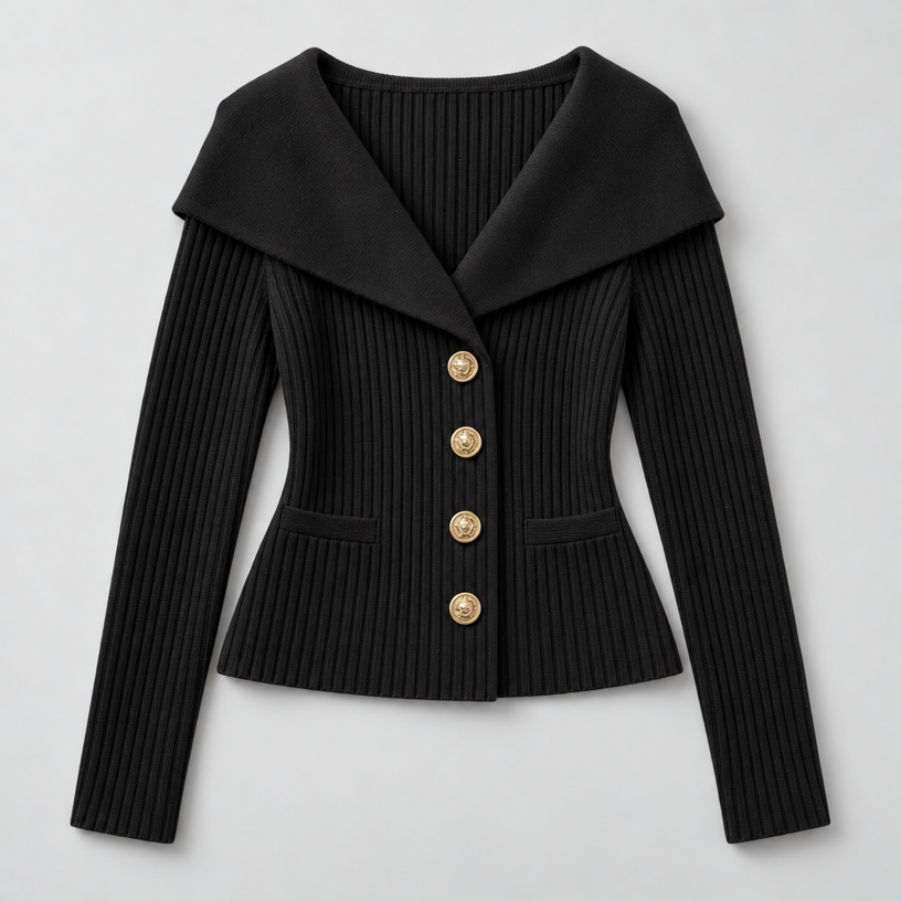 Cardigan – Ribbed Knit Cardigan Sweater with Wide Collar — Black