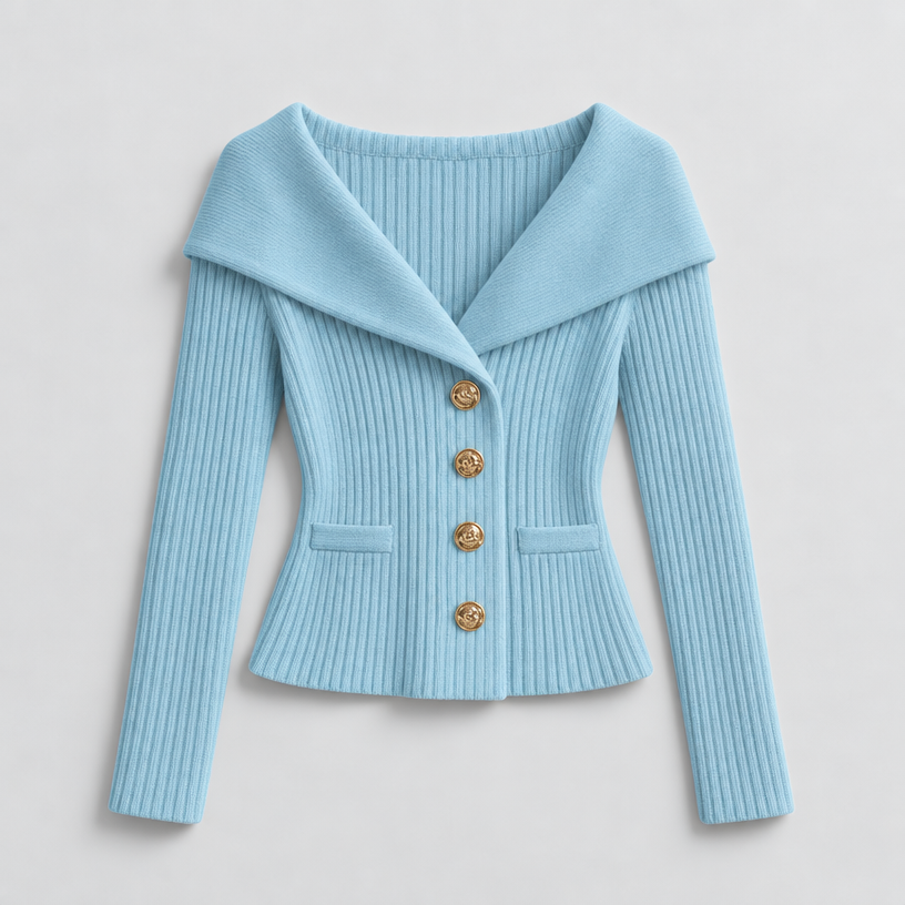 Cardigan – Ribbed Knit Cardigan Sweater with Wide Collar — Sky Blue
