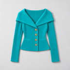 Cardigan – Ribbed Knit Cardigan Sweater with Wide Collar — Blue