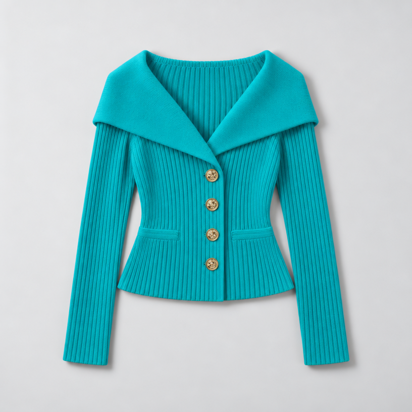 Cardigan – Ribbed Knit Cardigan Sweater with Wide Collar — Blue