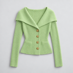Cardigan – Ribbed Knit Cardigan Sweater with Wide Collar — Green