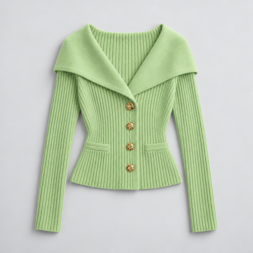 Cardigan – Ribbed Knit Cardigan Sweater with Wide Collar — Green