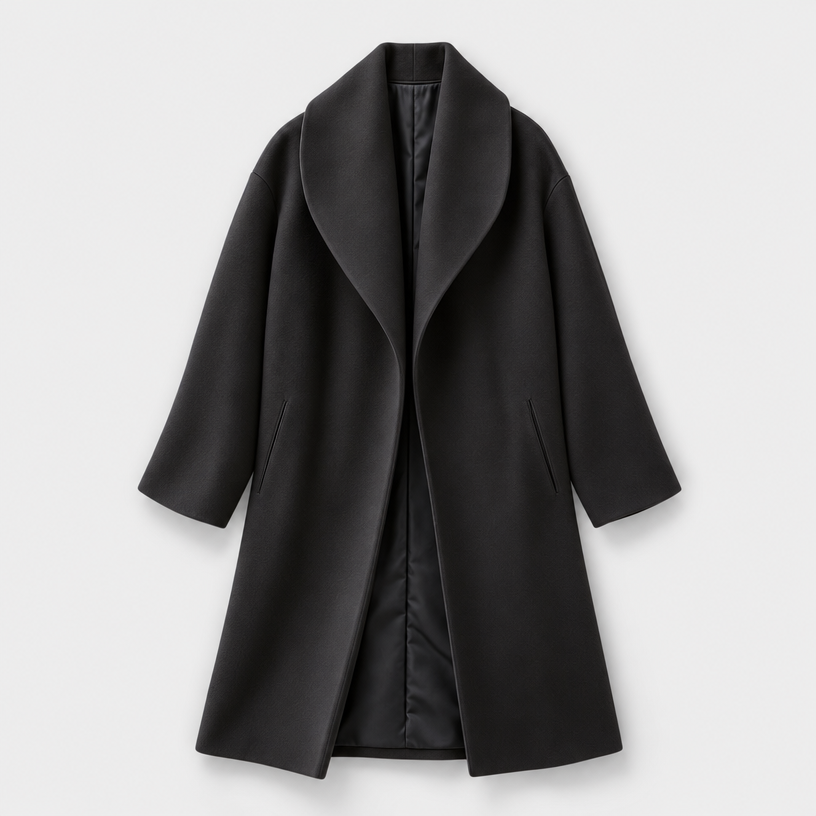 Women's Wool Coat – Draped Shawl Collar — Black