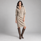 Midi Knit Dress – Mock Neck Long Sleeve Relaxed Fit — Khaki