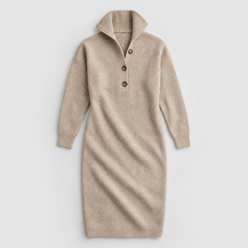 Midi Knit Dress – Mock Neck Long Sleeve Relaxed Fit — Khaki