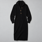 Midi Knit Dress – Mock Neck Long Sleeve Relaxed Fit — Black
