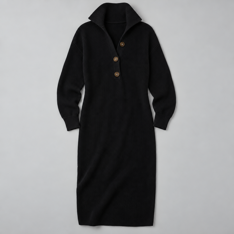 Midi Knit Dress – Mock Neck Long Sleeve Relaxed Fit — Black