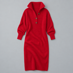 Midi Knit Dress – Mock Neck Long Sleeve Relaxed Fit — Red
