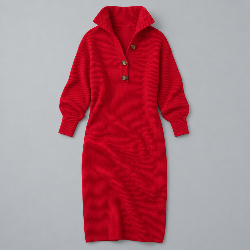 Midi Knit Dress – Mock Neck Long Sleeve Relaxed Fit — Red