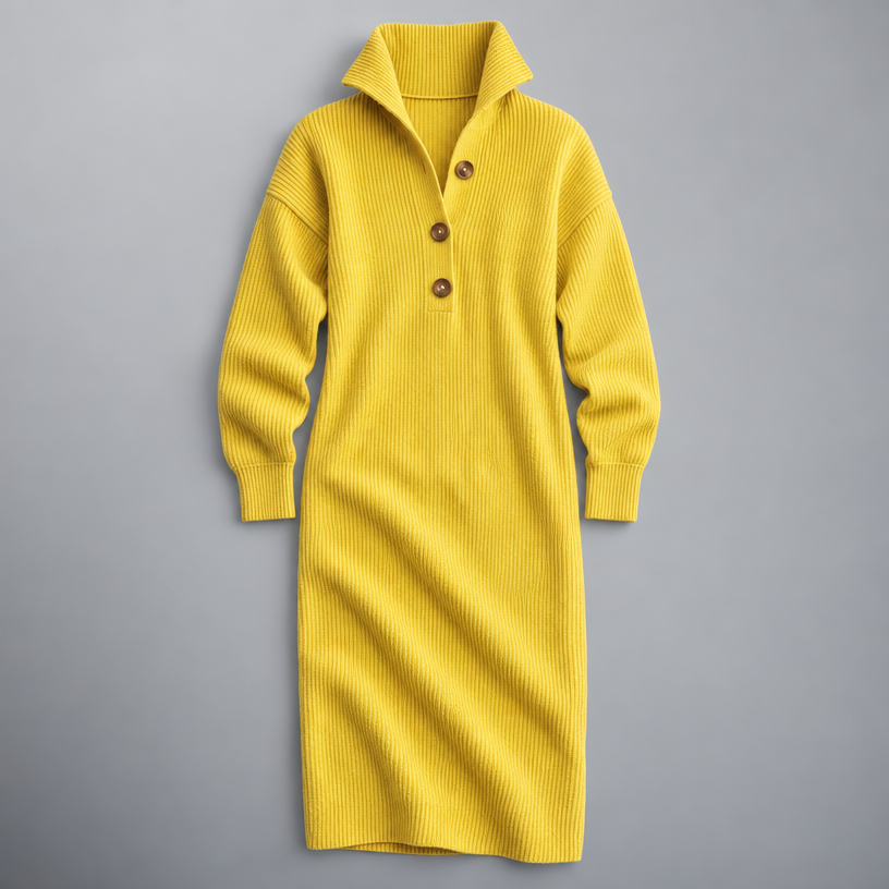 Midi Knit Dress – Mock Neck Long Sleeve Relaxed Fit — Earth Yellow