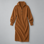 Midi Knit Dress – Mock Neck Long Sleeve Relaxed Fit — Brown