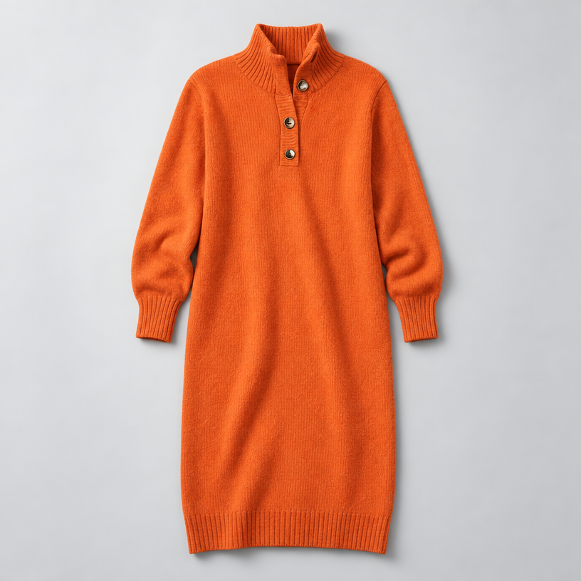 Midi Knit Dress – Mock Neck Long Sleeve Relaxed Fit — Orange