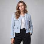Cropped Tweed Blazer – Collarless Gold-Button Jacket — Light Blue