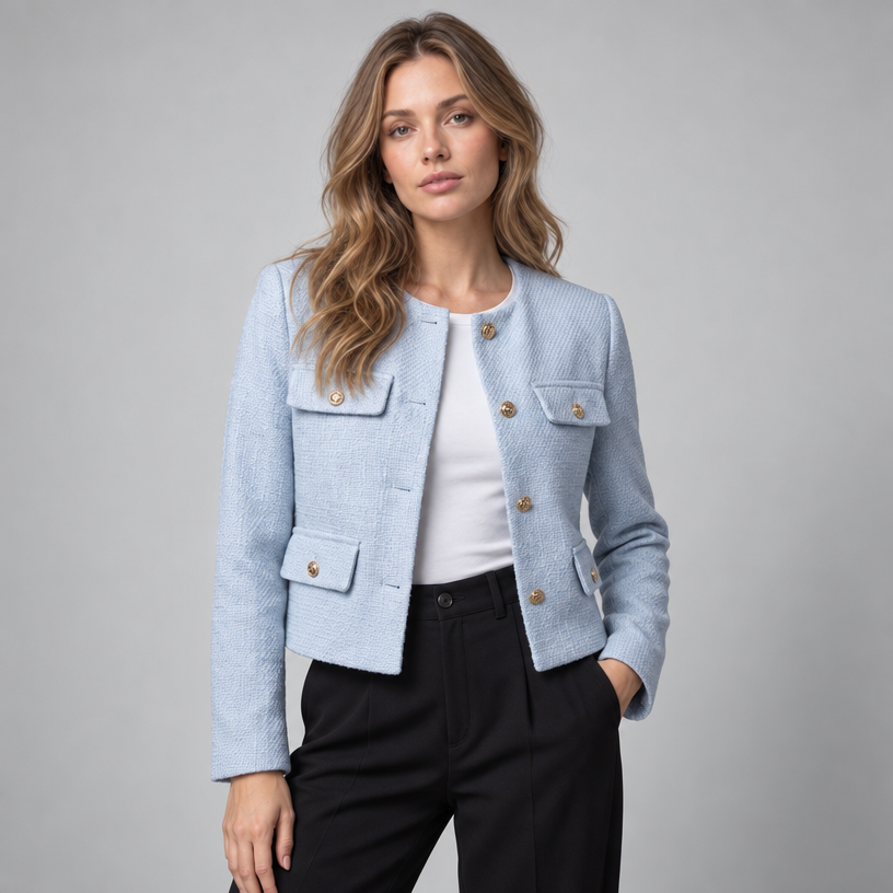 Cropped Tweed Blazer – Collarless Gold-Button Jacket — Light Blue