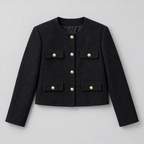 Cropped Tweed Blazer – Collarless Gold-Button Jacket — Black