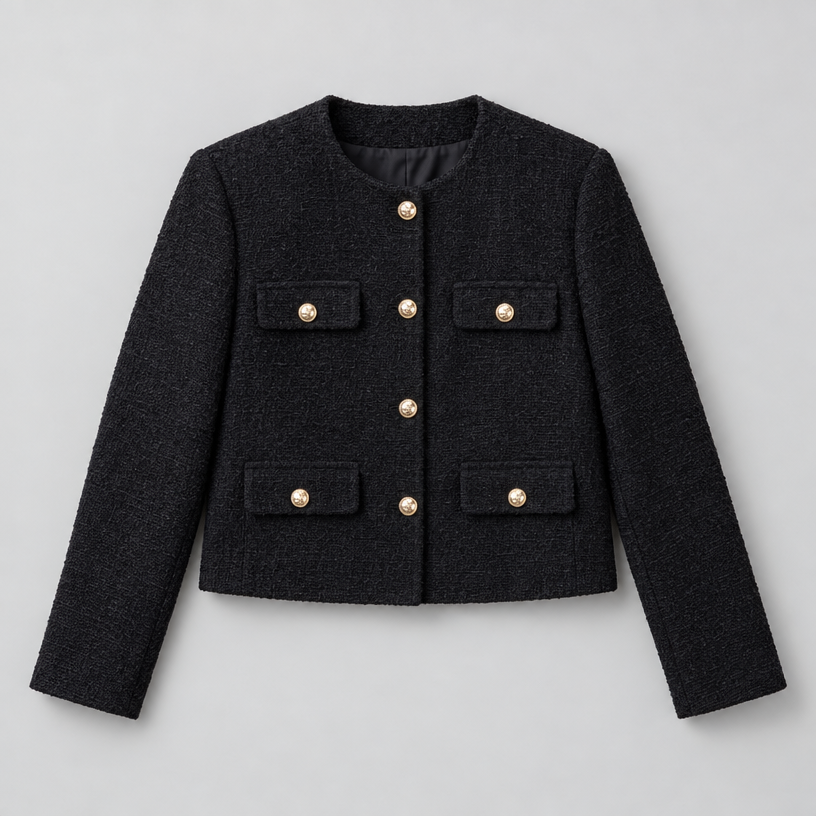 Cropped Tweed Blazer – Collarless Gold-Button Jacket — Black