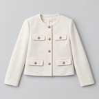 Cropped Tweed Blazer – Collarless Gold-Button Jacket — White