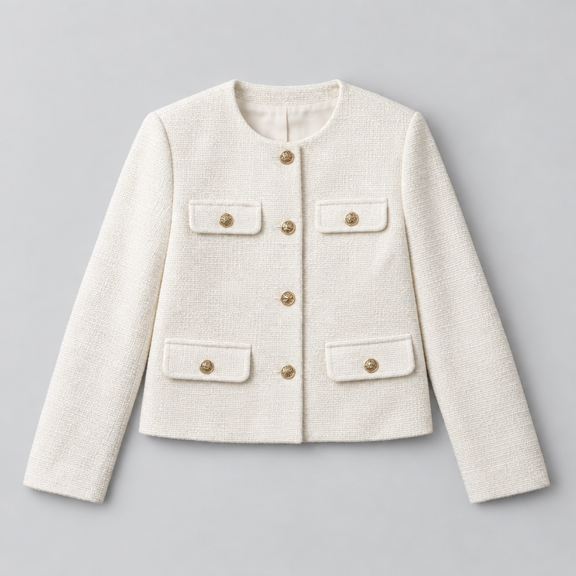 Cropped Tweed Blazer – Collarless Gold-Button Jacket — White