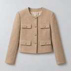 Cropped Tweed Blazer – Collarless Gold-Button Jacket — Khaki
