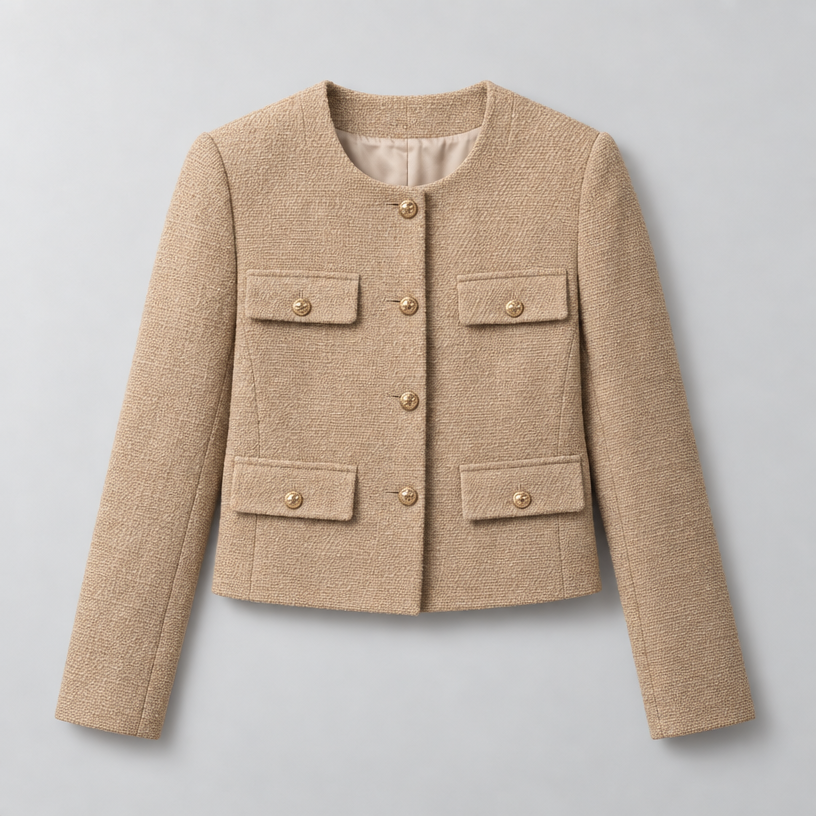 Cropped Tweed Blazer – Collarless Gold-Button Jacket — Khaki