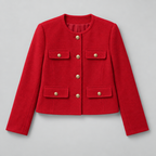 Cropped Tweed Blazer – Collarless Gold-Button Jacket — Red