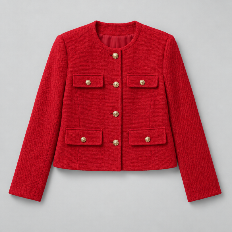 Cropped Tweed Blazer – Collarless Gold-Button Jacket — Red