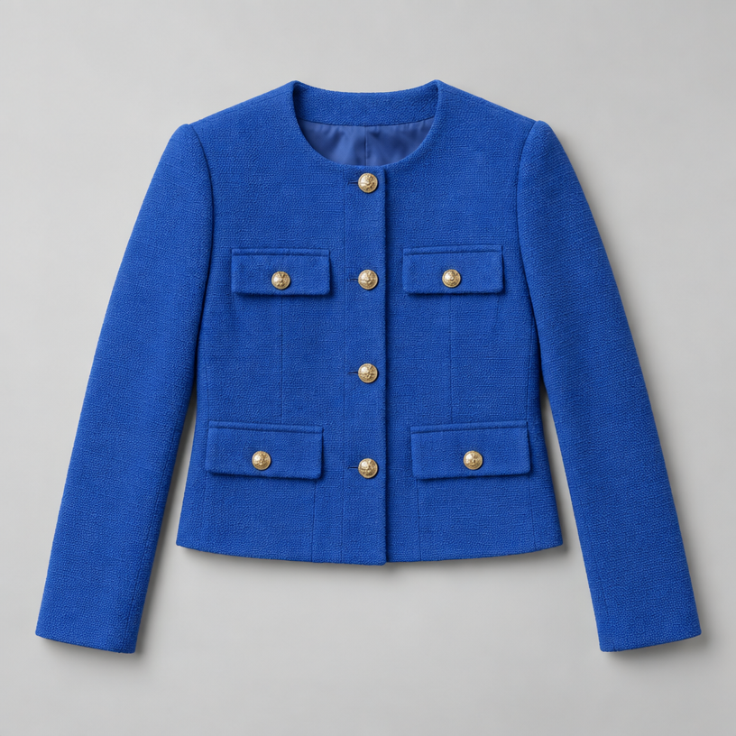 Cropped Tweed Blazer – Collarless Gold-Button Jacket — Blue