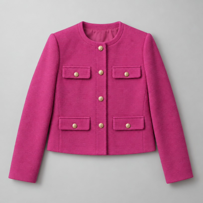 Cropped Tweed Blazer – Collarless Gold-Button Jacket — Pink