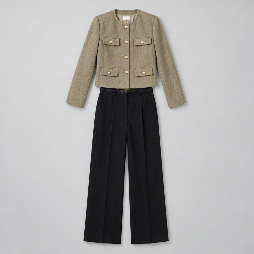 Cropped Tweed Blazer – Collarless Gold-Button Jacket — Olive