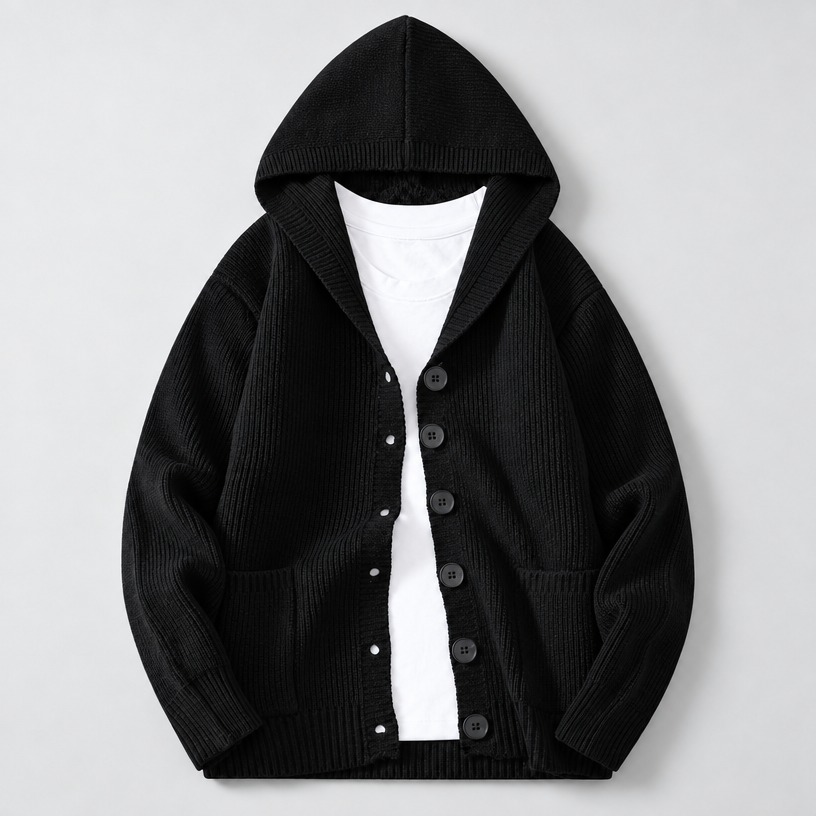 Cardigan – Hooded Knit Cardigan Sweater — Midnight Black