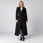 Women's Long Coat – Double-Breasted Belted Relaxed Fit — Black