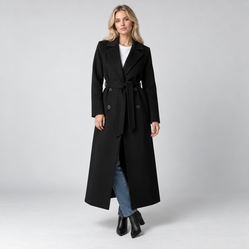 Women's Long Coat – Double-Breasted Belted Relaxed Fit — Black