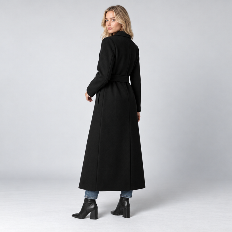 Women's Long Coat – Double-Breasted Belted Relaxed Fit — Black