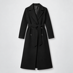 Women's Long Coat – Double-Breasted Belted Relaxed Fit — Black