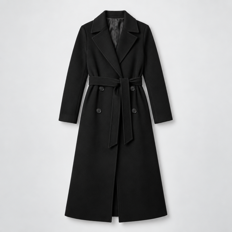 Women's Long Coat – Double-Breasted Belted Relaxed Fit — Black
