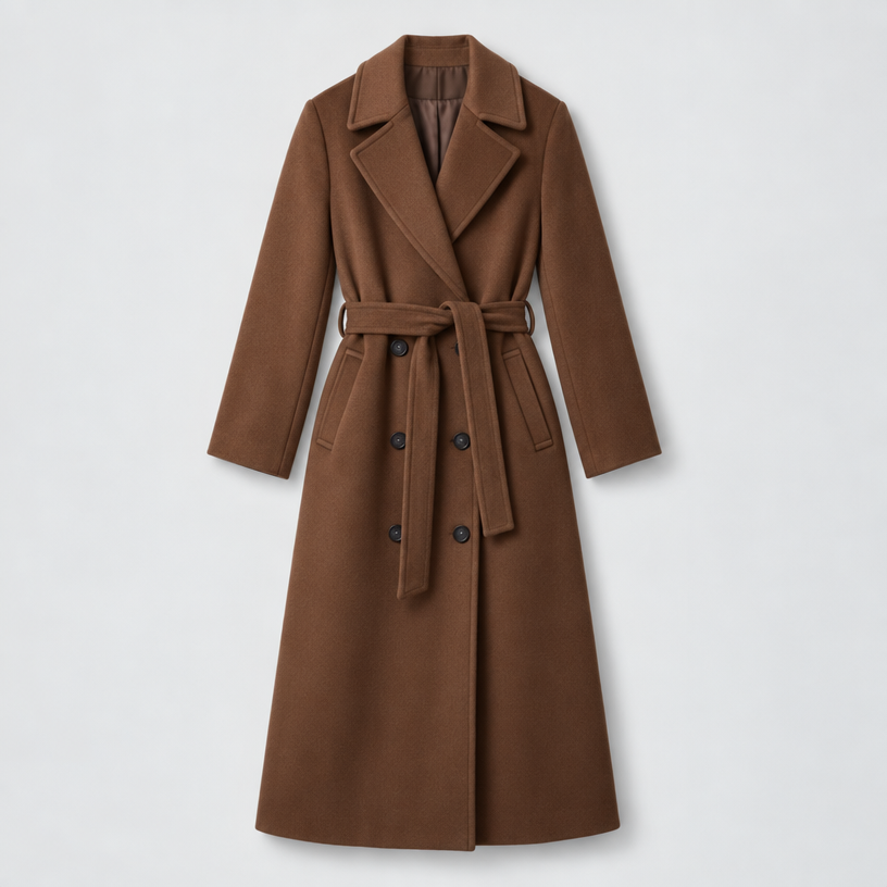 Women's Long Coat – Double-Breasted Belted Relaxed Fit — Brown