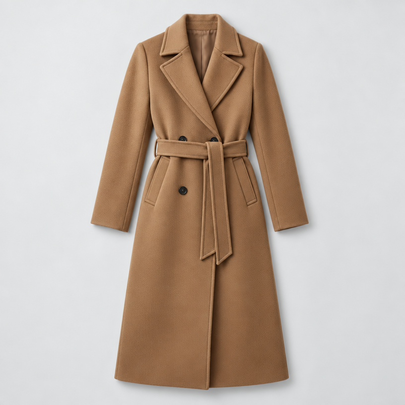 Women's Long Coat – Double-Breasted Belted Relaxed Fit — Camel