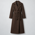 Women's Long Coat – Double-Breasted Belted Relaxed Fit — Chocolate Brown