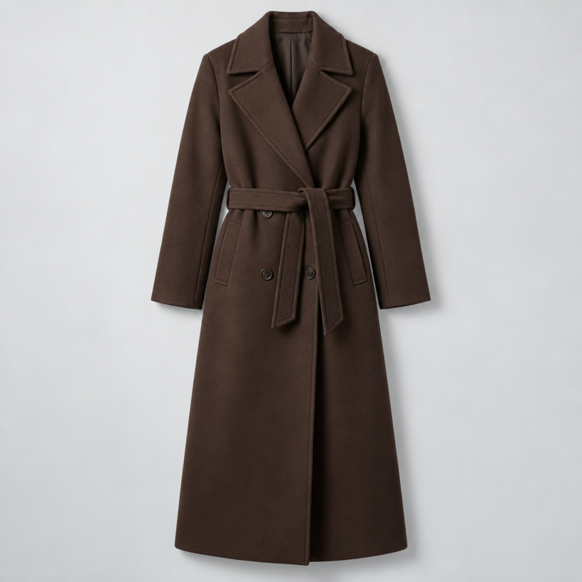 Women's Long Coat – Double-Breasted Belted Relaxed Fit — Chocolate Brown