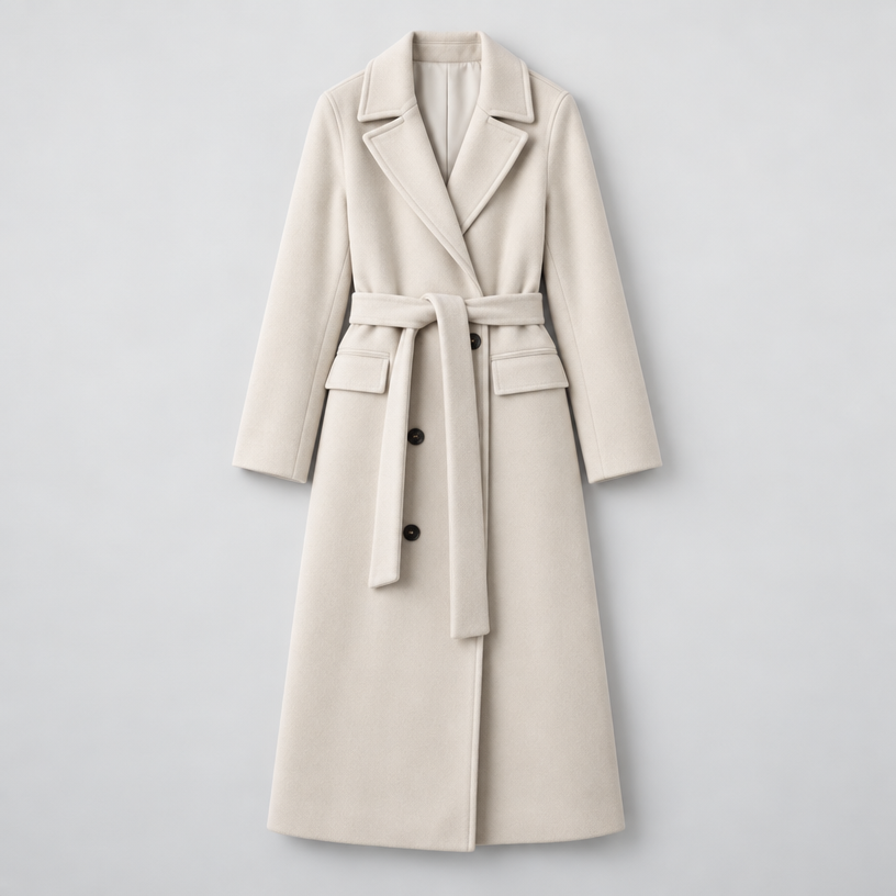 Women's Long Coat – Double-Breasted Belted Relaxed Fit — Cream