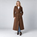 Women's Long Coat – Double-Breasted Belted Relaxed Fit — Brown