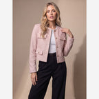 Cropped Tweed Blazer – Collarless Gold-Button Jacket