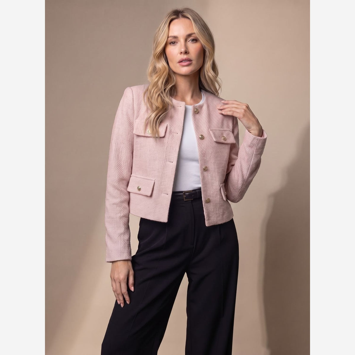 Cropped Tweed Blazer – Collarless Gold-Button Jacket