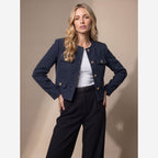 Cropped Tweed Blazer – Collarless Gold-Button Jacket