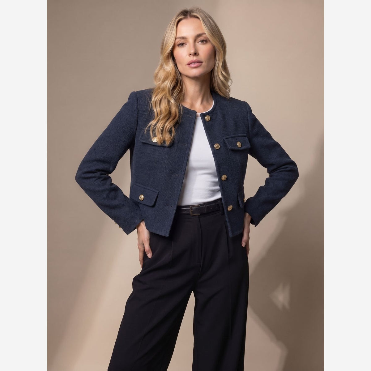 Cropped Tweed Blazer – Collarless Gold-Button Jacket